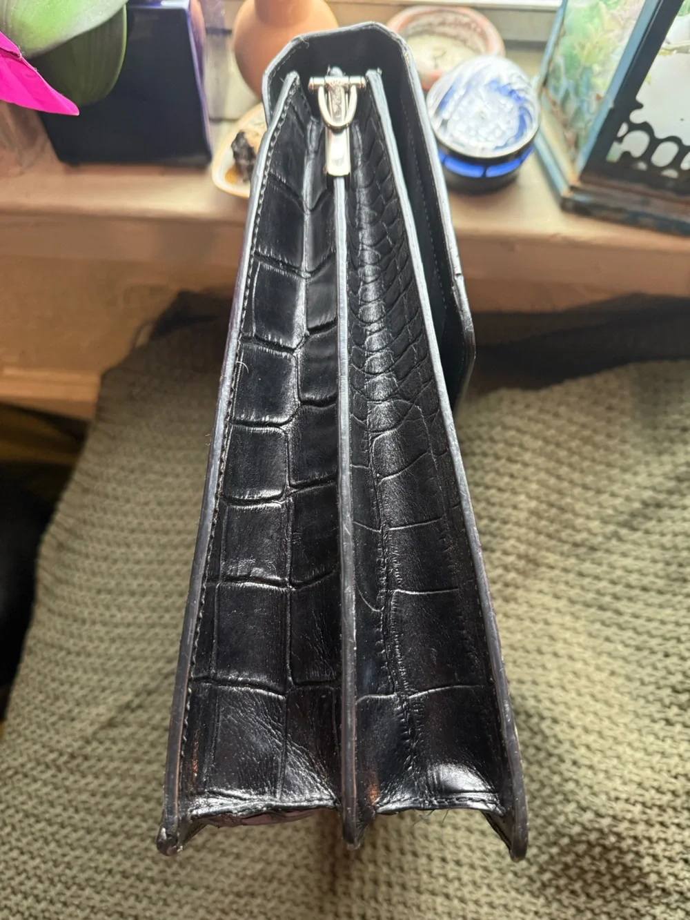 Black Croc-Embossed Leather Briefcase with Combination Lock